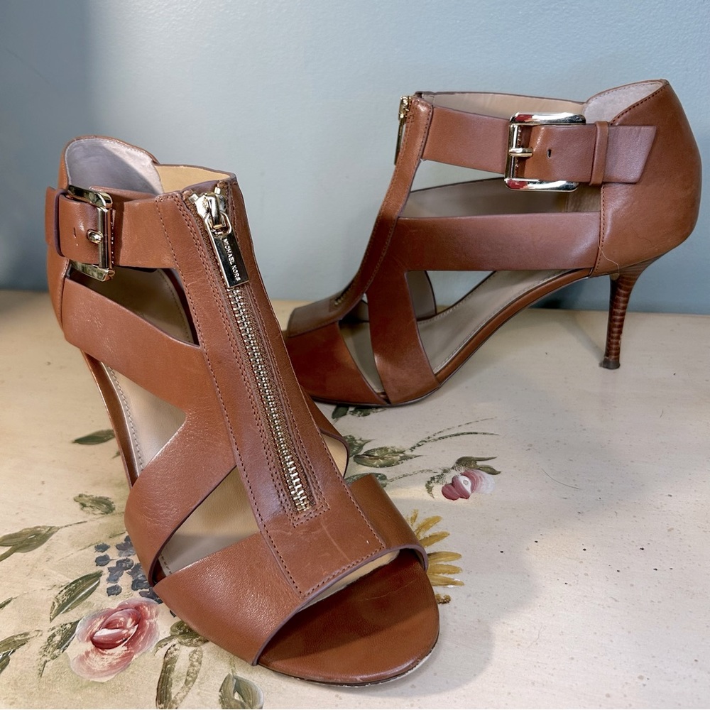 Michael Kors Tan Leather Gold Front Zip Side Buckle Heeled Ankle Shoes